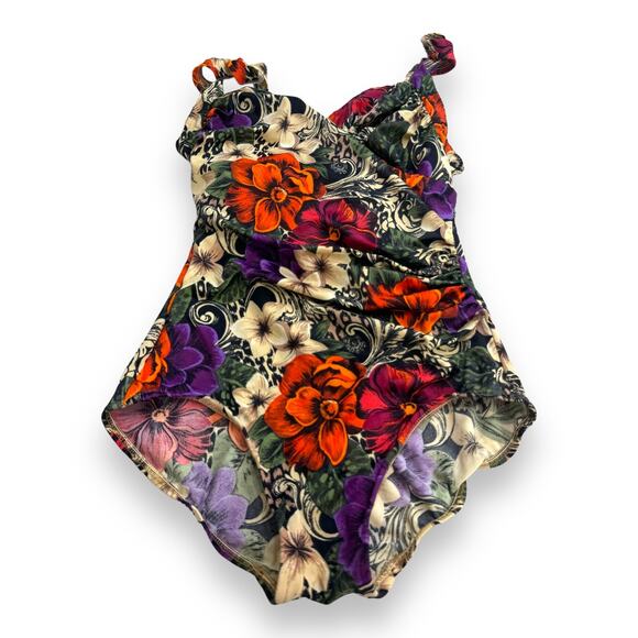 Vintage One Piece Tropical Floral Swimsuit 8 Surplice Pinup Beach Babe Resort - Picture 5 of 16